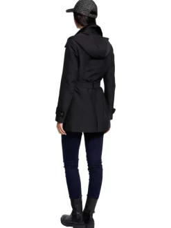 Trench coat noir uni avec une coupe droite et un col à capuche