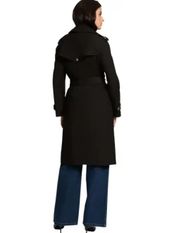 Trench coat noir uni mi-long à coupe droite avec une ceinture à la taille