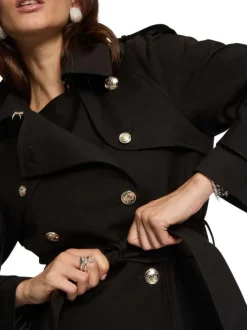 Trench coat noir uni mi-long à coupe droite avec une ceinture à la taille