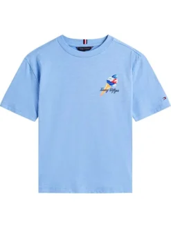 T-shirt à coupe droite en coton bleu uni pourvu d'un col rond