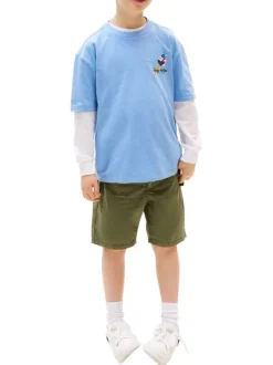 T-shirt à coupe droite en coton bleu uni pourvu d'un col rond