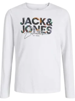 T-shirt à manches longues en coton blanc imprimé à coupe droite avec un col rond