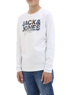 T-shirt à manches longues en coton blanc imprimé à coupe droite avec un col rond