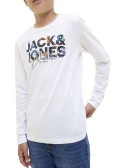 T-shirt à manches longues en coton blanc imprimé à coupe droite avec un col rond