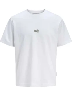 T-shirt blanc imprimé à coupe droite pourvu d'un col rond et de manches courtes
