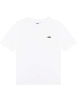 T-shirt blanc uni avec une coupe droite à col rond et logo iconique