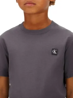 T-shirt en coton anthracite uni avec une coupe droite et un col rond
