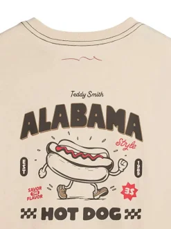 T-shirt en coton beige à col rond imprimé hot dog à la poitrine et au dos