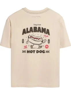 T-shirt en coton beige à col rond imprimé hot dog à la poitrine et au dos