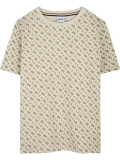 T-shirt en coton beige avec motif imprimé all-over à coupe droite et col rond