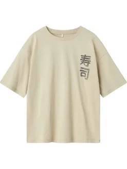 T-shirt en coton beige imprimé avec un col rond et une coupe droite