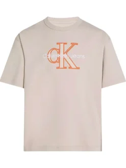 T-shirt en coton beige uni avec un col rond et le nom de la marque brodé en gros