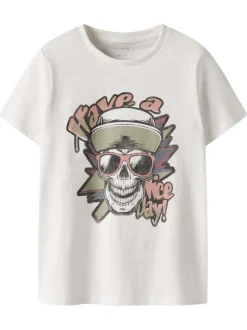T-shirt en coton biologique blanc uni pourvu d'un imprimé tête de mort