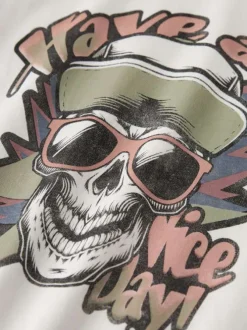 T-shirt en coton biologique blanc uni pourvu d'un imprimé tête de mort