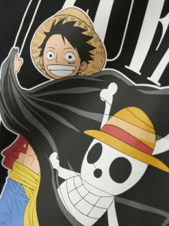 T-shirt en coton biologique noir imprimé One Piece avec un col rond
