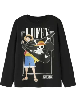 T-shirt en coton biologique noir imprimé One Piece avec un col rond