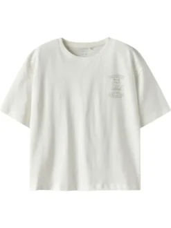 T-shirt en coton biologique blanc uni pourvu d'un imprimé chat