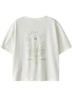 T-shirt en coton biologique blanc uni pourvu d'un imprimé chat