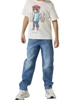 T-shirt en coton biologique blanc uni avec un imprimé ours et un col rond