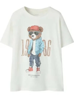 T-shirt en coton biologique blanc uni avec un imprimé ours et un col rond