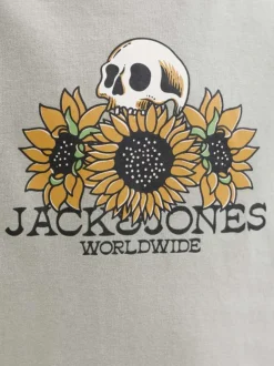 T-shirt en coton biologique kaki imprimé avec une coupe droite et un col rond