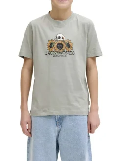 T-shirt en coton biologique kaki imprimé avec une coupe droite et un col rond