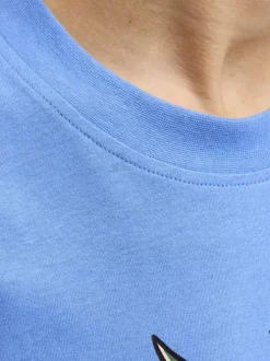 T-shirt en coton biologique bleu à coupe droite orné d'une illustration