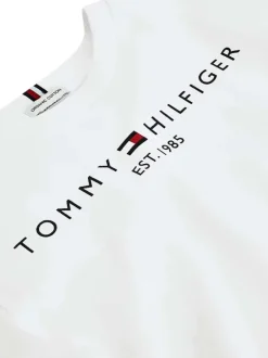 T-shirt en coton biologique blanc uni coupe droite avec un col rond et nom et logo de la marque floqué