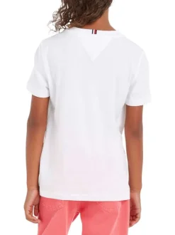 T-shirt en coton biologique blanc uni coupe droite avec un col rond et nom et logo de la marque floqué