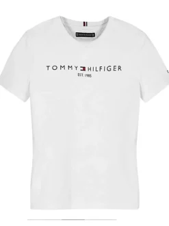 T-shirt en coton biologique blanc uni coupe droite avec un col rond et nom et logo de la marque floqué