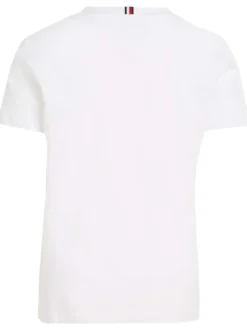 T-shirt en coton biologique blanc uni coupe droite avec un col rond et nom et logo de la marque floqué