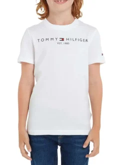 T-shirt en coton biologique blanc uni coupe droite avec un col rond et nom et logo de la marque floqué