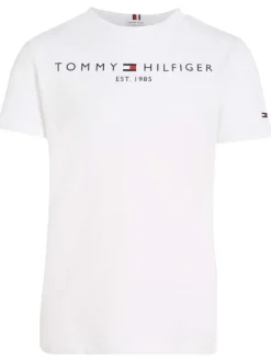 T-shirt en coton biologique blanc uni coupe droite avec un col rond et nom et logo de la marque floqué