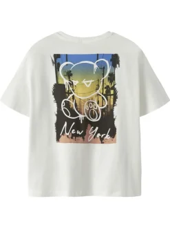 T-shirt en coton biologique blanc uni pourvu d'un imprimé ours