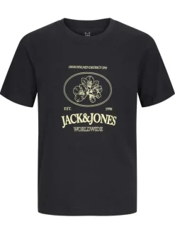 T-shirt en coton biologique noir imprimé avec une coupe droite et un col rond