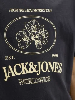 T-shirt en coton biologique noir imprimé avec une coupe droite et un col rond