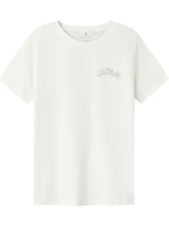 T-shirt en coton biologique blanc imprimé avec un col rond et une coupe droite