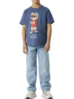 T-shirt en coton biologique indigo uni pourvu d'un imprimé ours