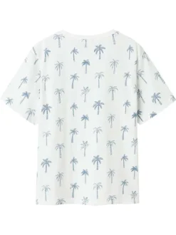 T-shirt en coton biologique blanc avec des palmiers imprimés et un col rond
