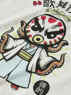 T-shirt en coton biologique blanc uni pourvu d'un imprimé poulpe