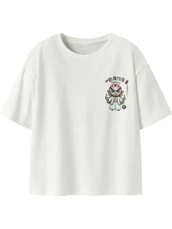 T-shirt en coton biologique blanc uni pourvu d'un imprimé poulpe