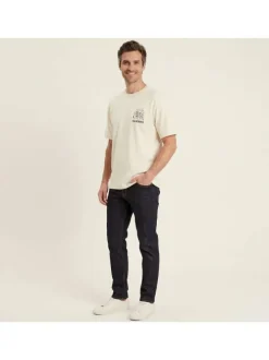T-shirt en coton biologique beige imprimé avec une coupe droite et un col rond