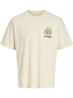 T-shirt en coton biologique beige imprimé avec une coupe droite et un col rond