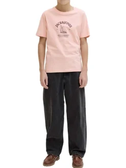 T-shirt en coton biologique corail imprimé avec une coupe droite et un col rond