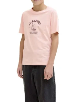 T-shirt en coton biologique corail imprimé avec une coupe droite et un col rond