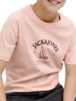 T-shirt en coton biologique corail imprimé avec une coupe droite et un col rond