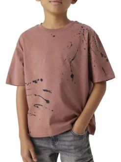 T-shirt en coton biologique rouge à imprimé taches de peinture, à coupe droite
