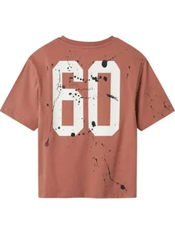 T-shirt en coton biologique rouge à imprimé taches de peinture, à coupe droite