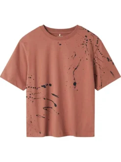 T-shirt en coton biologique rouge à imprimé taches de peinture, à coupe droite