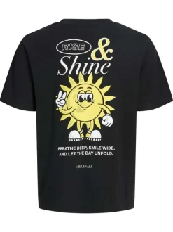 T-shirt en coton biologique noir uni pourvu d'un imprimé soleil